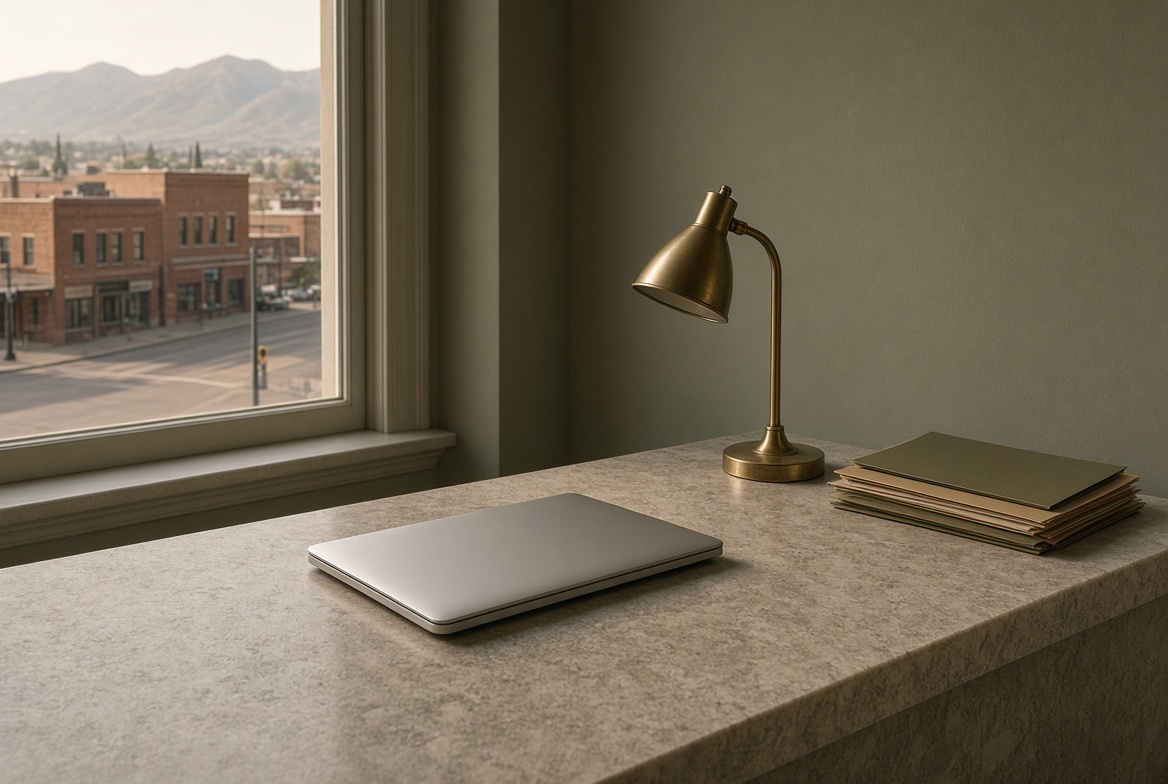 A quiet Ogden desk with the mountains beyond the window